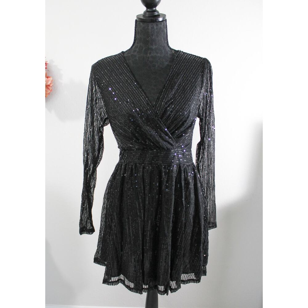 New Black Sequin Long Sleeve Wrap Mini Dress Medium TikTok Party Night Out Club